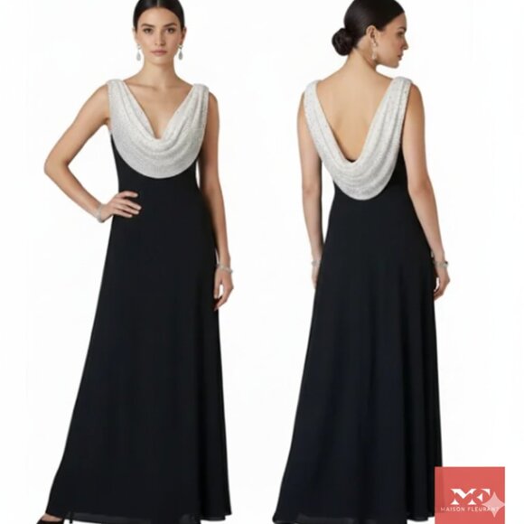 Cachet Black & White Beaded Cowl Neck Evening Dress. - Picture 1 of 1